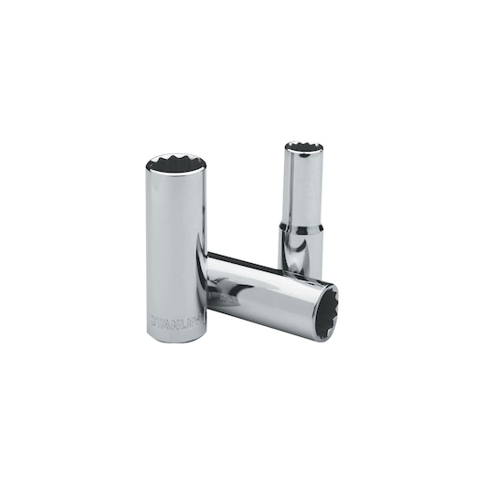 STANLEY 86-485 chrome deep sockets set, three pieces, side angle on white background.