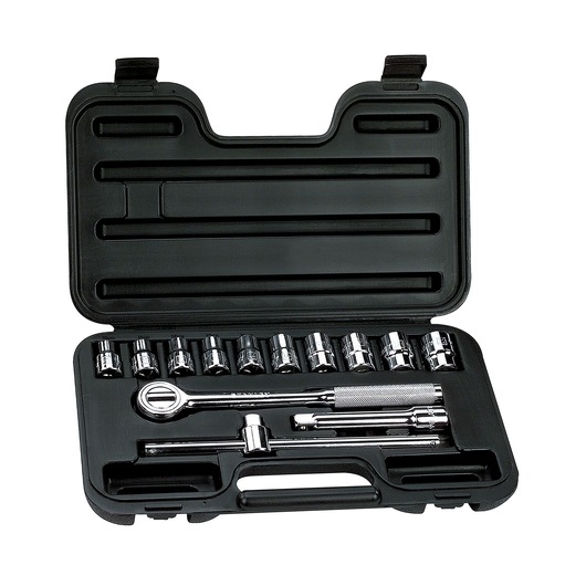STANLEY 86-501 socket wrench set in black plastic case, top view, with chrome sockets and ratchet.
