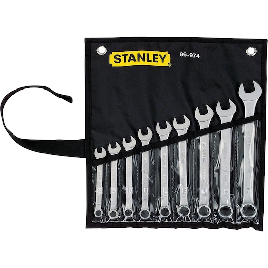 STANLEY 86-974 wrench set in black roll-up pouch, 10 pieces, photo with tools arranged by size.