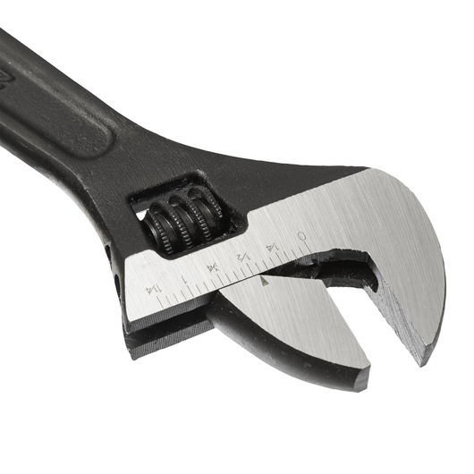 STANLEY 87-047 adjustable wrench close-up, metal jaws with scale, photography on white background.