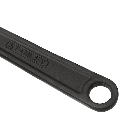 STANLEY 87-047 black wrench handle close-up with logo, showing rounded hole on white background.