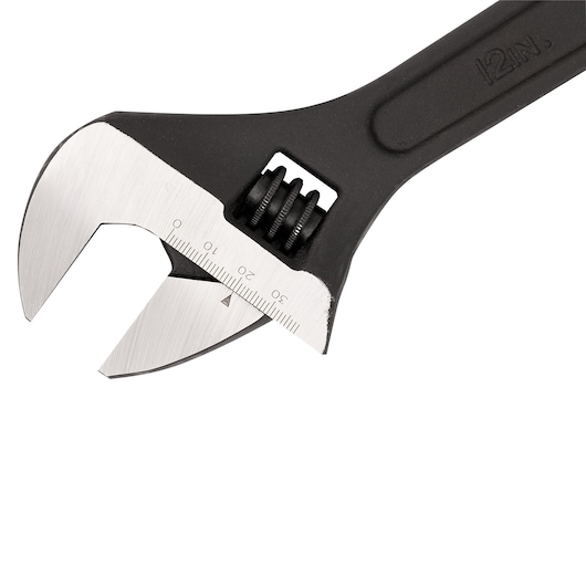 STANLEY 87-048LA adjustable wrench, close-up angle, black handle with measurement scale.