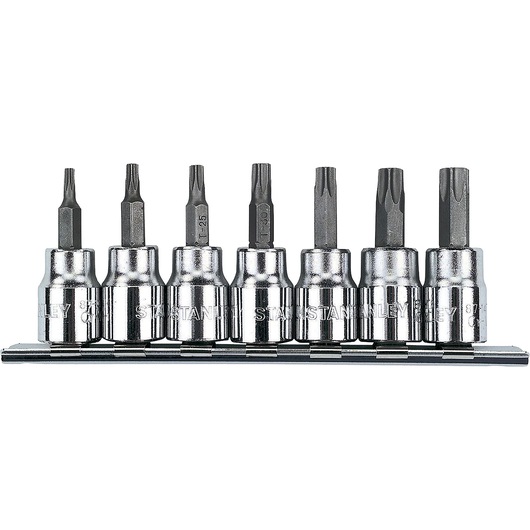 STANLEY 87-342 Torx bit socket set, seven chrome bits on rack, front angle, tool photography.