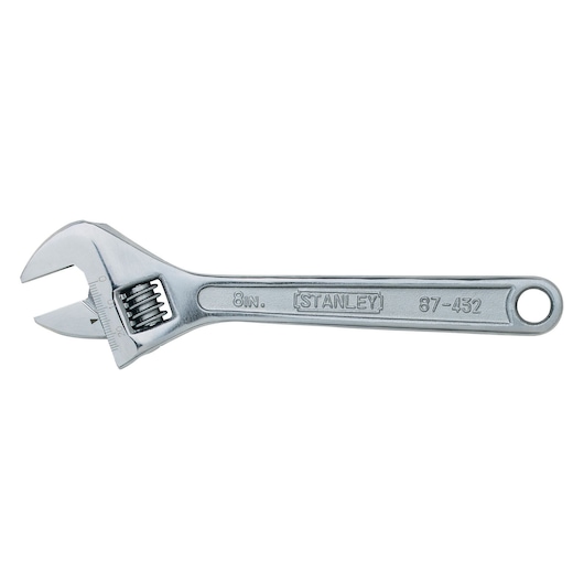 STANLEY 87-432 adjustable wrench, silver, 8 inch, product photography, left side angle on white background.