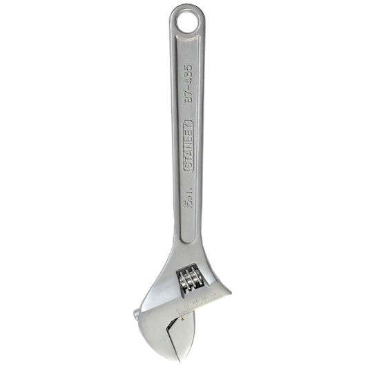 STANLEY 87-435 adjustable wrench, silver steel finish, front angle, tool photography.