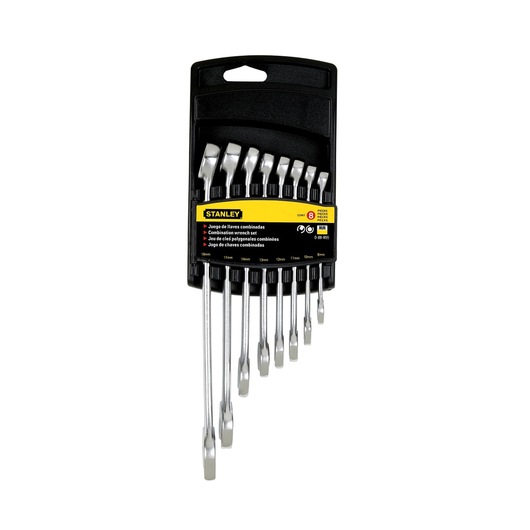 Photo of STANLEY 88-855 combination wrench set, 8 pieces in plastic holder, front angle on white background.