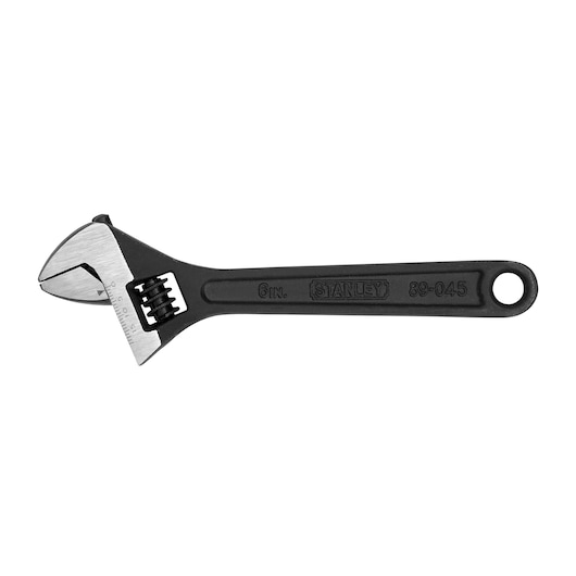 STANLEY 89-045LA adjustable wrench, 6-inch, black handle, left side view on white background.