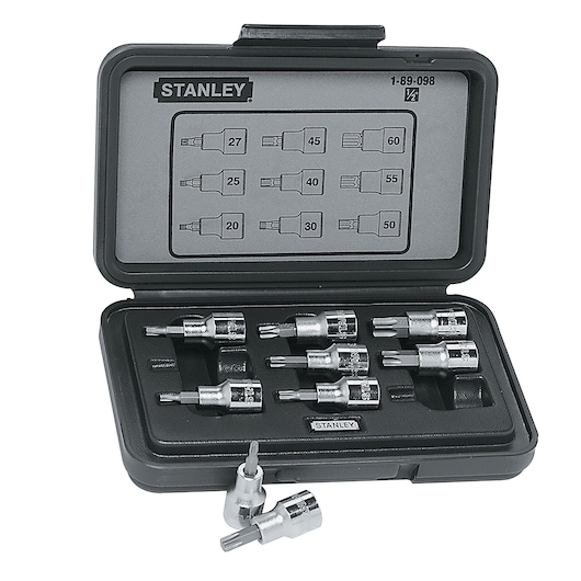 Stanley 89-098 socket bit set in black case, photography of tool kit from front angle.