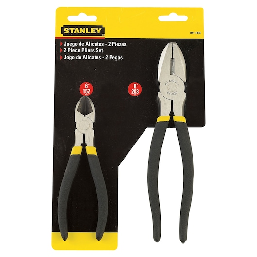 STANLEY 90-163 two-piece pliers set in retail packaging, including 6-inch and 8-inch pliers with black and yellow handles, front angle.