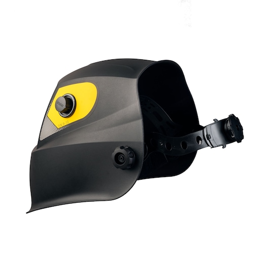 STANLEY 90369STA black and yellow welding helmet side angle photo, adjustable head strap visible.