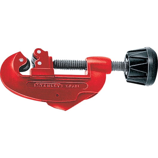 Stanley SKU 93-020 red pipe cutter with black knob, side angle on white background, hand tool category.