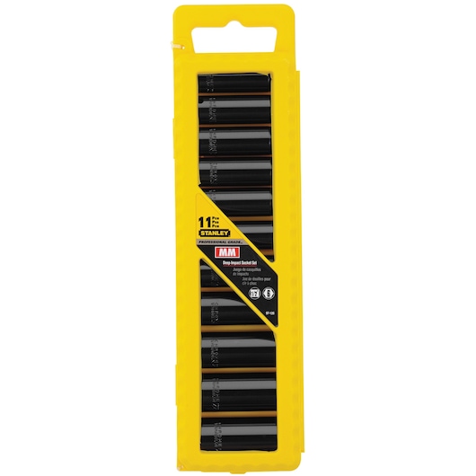 STANLEY 97-126 deep impact socket set, 11-piece, black sockets in yellow packaging, front angle.