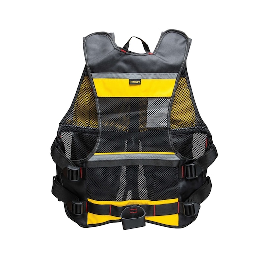 STANLEY FMST530201 mesh tool vest with yellow and black design, adjustable straps, front view on white background.