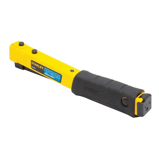 Stanley heavy duty tacker, yellow and black, angled side view, ergonomic handle, white background