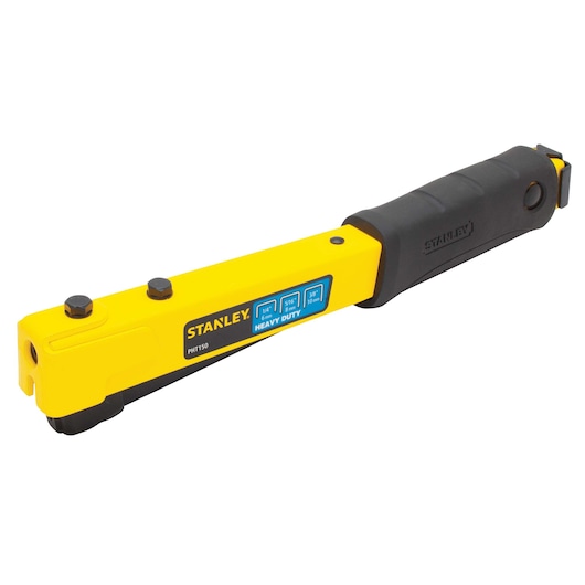Stanley heavy duty yellow hand rivet tool with black grip, angled side view on white background