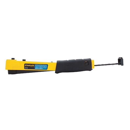 Stanley heavy duty yellow and black hammer tacker side view on white background