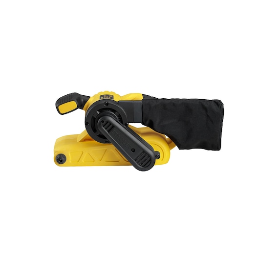 STANLEY SB90-B2C yellow and black belt sander side view with dust bag, white background.
