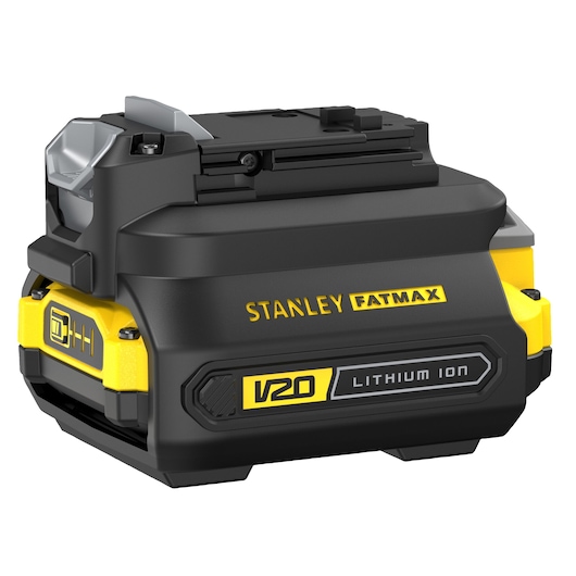 STANLEY FATMAX SBA100 V20 lithium ion battery, side angle, black and yellow casing, white background.