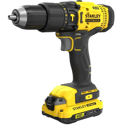 Stanley SCD711C1H-B2 cordless drill, yellow and black, side angle on white background.