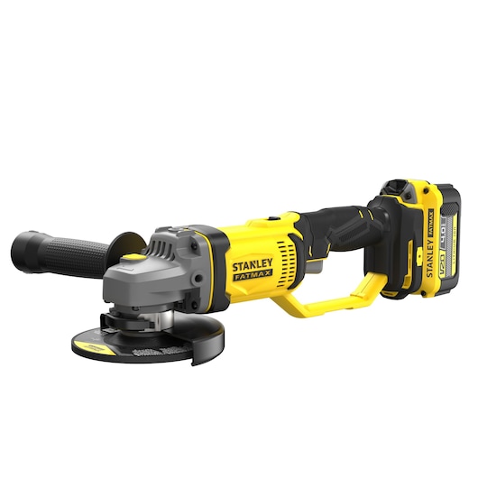 Stanley SCG400M2K-KR cordless angle grinder, yellow and black, side angle, Fatmax series.