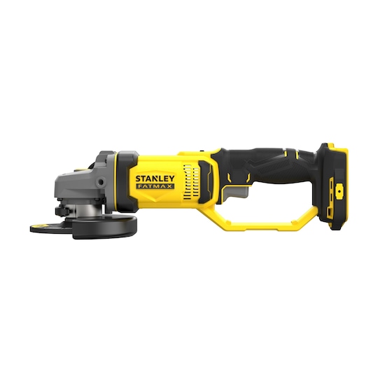 STANLEY SCG400 angle grinder, yellow and black, photography, left side view on white background.