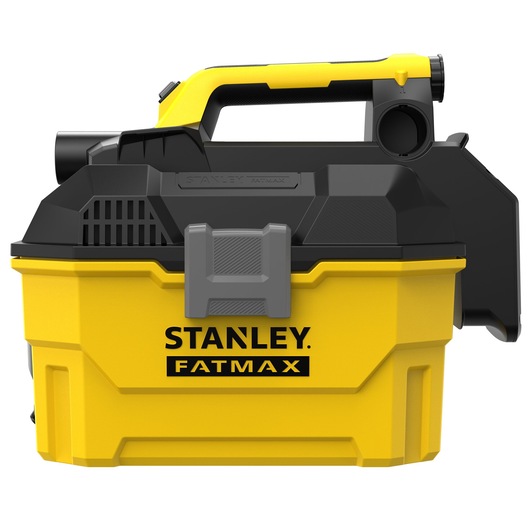Photo of STANLEY SCV002 yellow and black portable wet dry vacuum with handle, front angle, photography