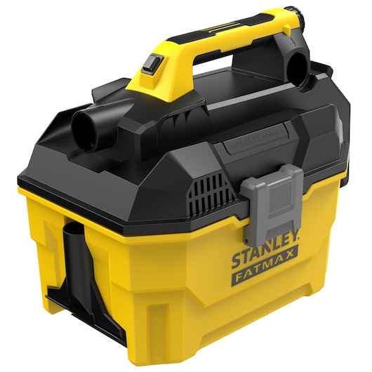 STANLEY SCV002 wet dry vacuum with yellow and black body, front angle, large handle and secure latch.