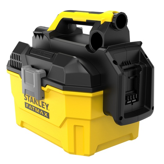 STANLEY FATMAX SCV002 portable wet/dry vacuum, yellow and black, rear angle on white background.
