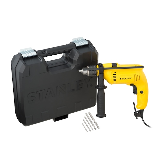 STANLEY SDH600KA yellow corded drill with side handle, black case, and five drill bits, angled on white background.