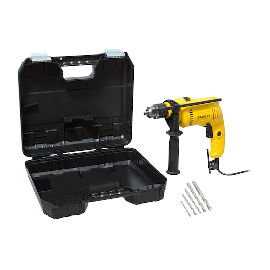 STANLEY SDH600KA corded drill with side handle, black carrying case, and five drill bits, front angle on white background.