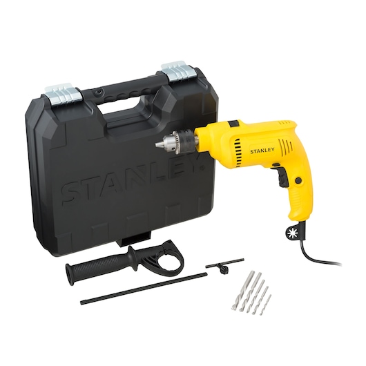 STANLEY SDH600KA yellow corded drill with black case, side handle, five drill bits, and accessories, front angle.