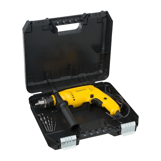Photo of STANLEY SDH600KA yellow drill kit in black case with drill bits, product shown from front angle.