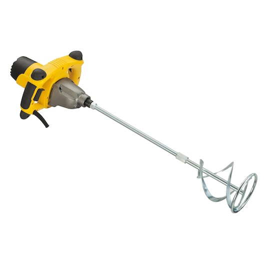 Photo of STANLEY SDR1400 electric mixer with yellow and black body, metal mixing paddle, side angle, on white background.