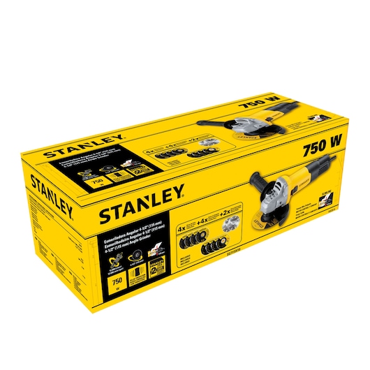 STANLEY SG7115V10 yellow box with 4-1/2 inch angle grinder kit, accessories and 750W label, angled view.