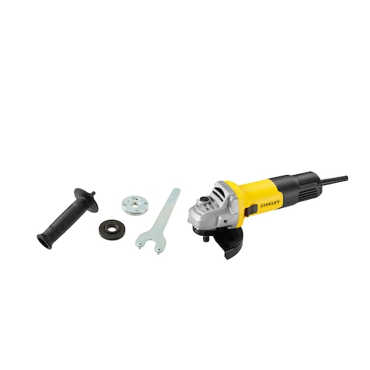STANLEY SG7115-B3 angle grinder with yellow and black body, side handle, wrench, and accessories, front angle.