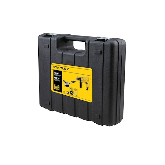 STANLEY SHG6750KA black hard plastic carrying case with yellow label, photography, front angle on white background.