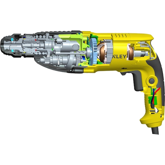 STANLEY SHR263K-BR photography of yellow drill with internal components, side cutaway view.