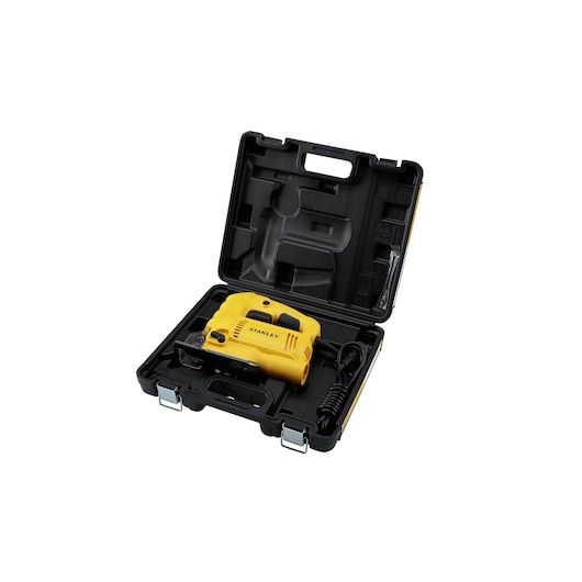 STANLEY SJ60K-B3 yellow jigsaw tool in black hard case, front angle, visible cord and secure latches.