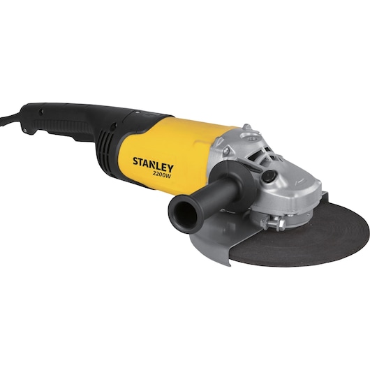 Photo of STANLEY SL227-B3 angle grinder, yellow and black, handheld power tool, side view on white background.