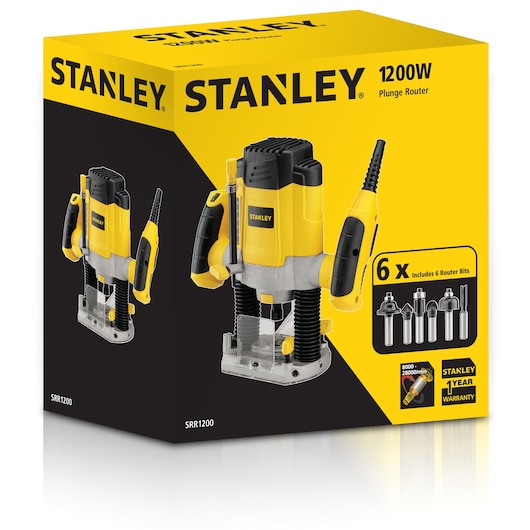 Photo of STANLEY SRR1200-AR plunge router box, yellow-black packaging with 1200W power and six router bits shown.