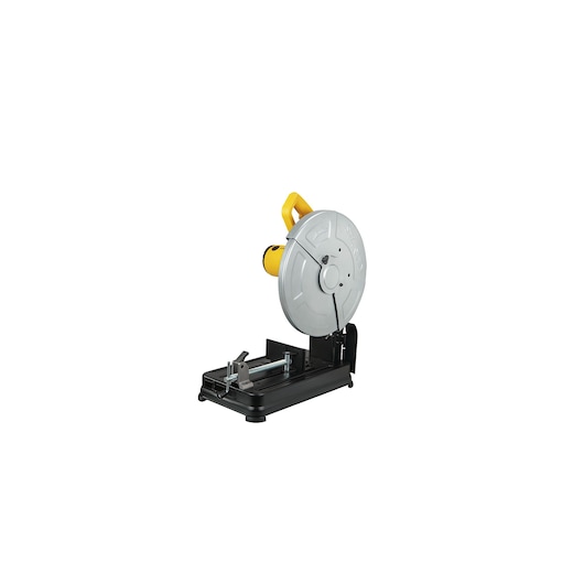 STANLEY SSC22 cut-off saw, yellow and silver color, side angle on white background, power tool category.