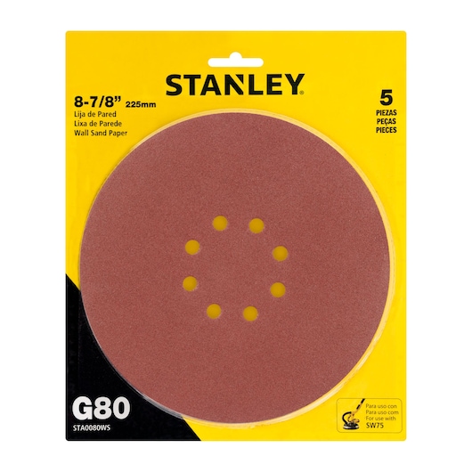 Photo of STANLEY STA0080WS wall sand paper, G80 grit, round shape with center holes, 5-piece pack, front packaging.