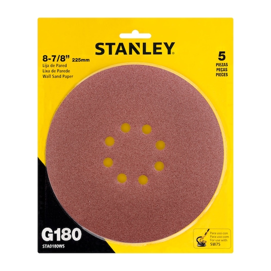 STANLEY STA0180WS wall sandpaper 8-7/8 inch, round, brown with center holes, pack of 5, front packaging photo.