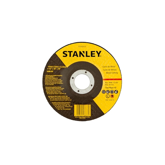 STANLEY STA0410 metal cutting disc, black and yellow, front view on white background.