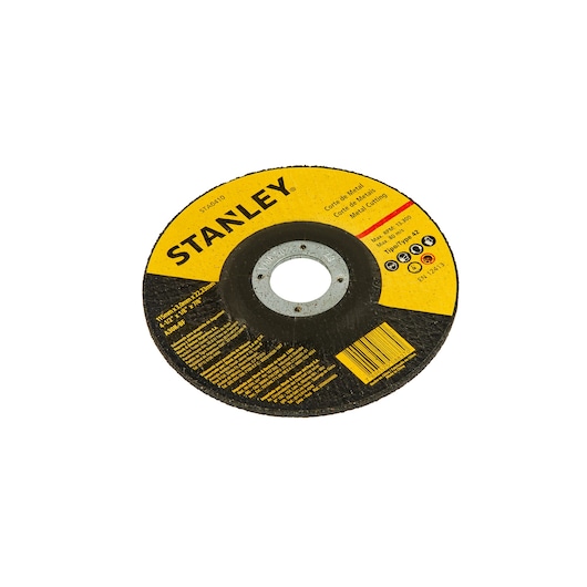 Photo of STANLEY STA0410 metal cutting disc, round shape, black and yellow, front angle on white background.