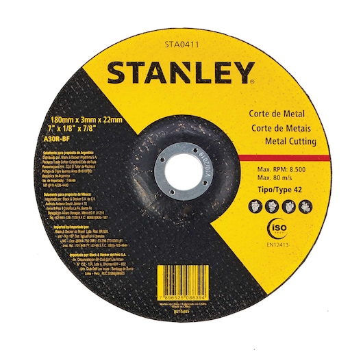 Stanley STA0411 metal cutting disc, 180mm diameter, black and yellow, photographed from front side.