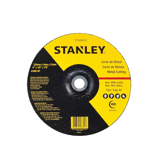 STANLEY STA0412 metal cutting disc, round shape, 230mm diameter, black and yellow, front angle on white background.