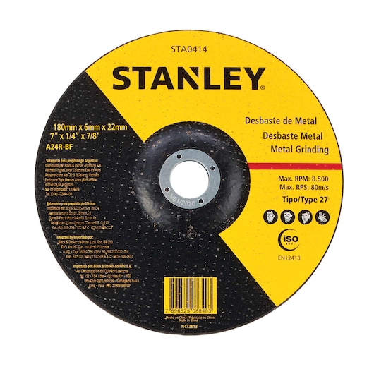 Stanley STA0414 metal grinding disc, yellow and black, photo of front label on white background.