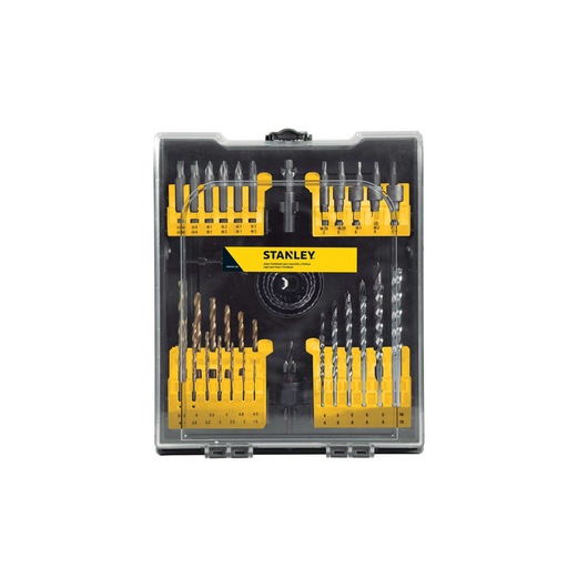 Stanley STA4107 drill and bit set, photography, front angle, yellow and black plastic case with assorted bits.