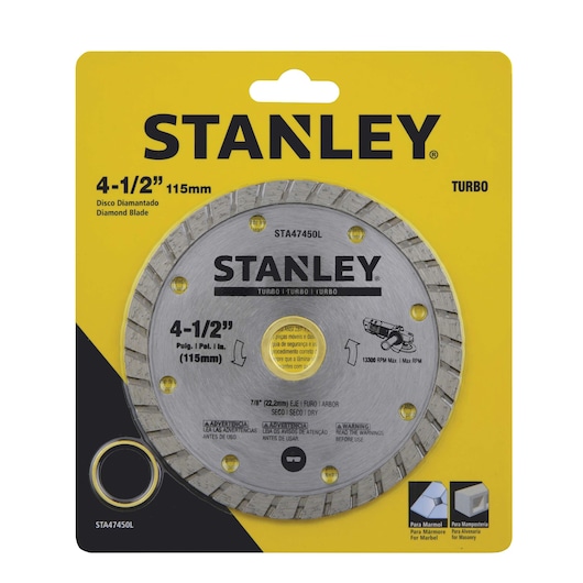 STANLEY STA47450L diamond blade, 4-1/2 inch, silver, in retail packaging, front angle.